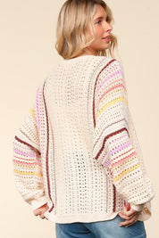 Haptics Full Size Striped Crochet Open Front Cardigan