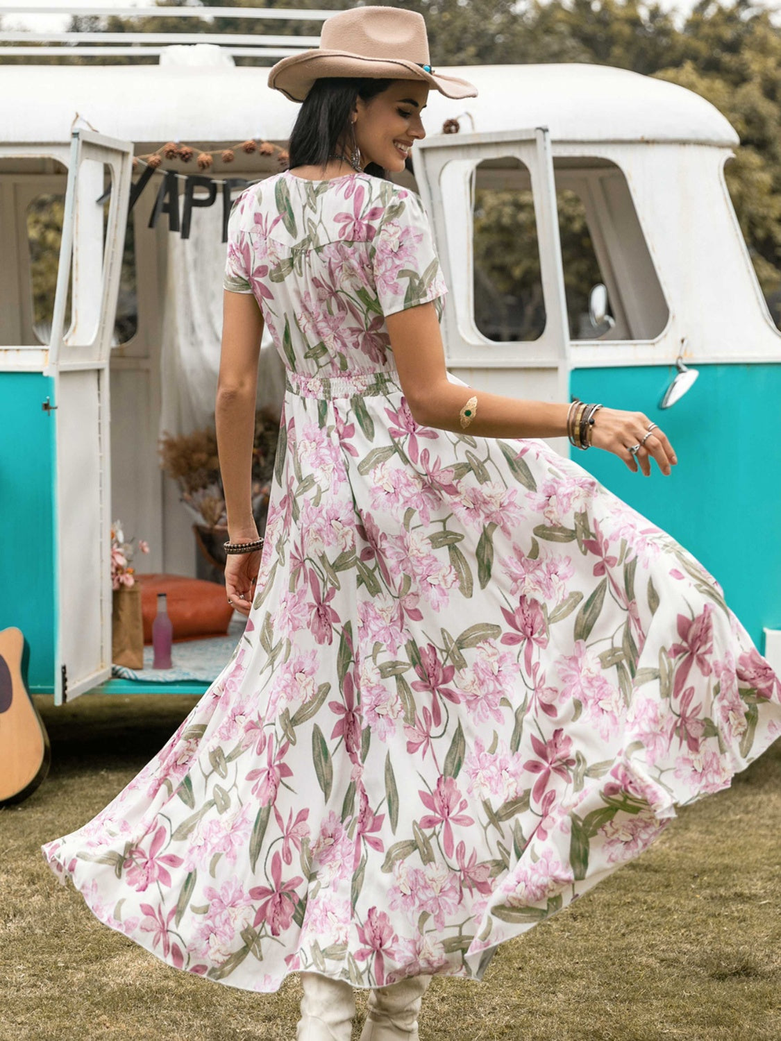 Floral V-Neck Slit Dress