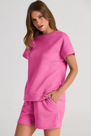 Textured Round Neck T-Shirt and Shorts Set