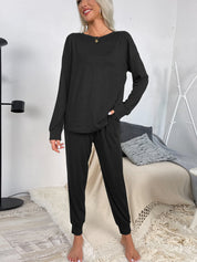 Shiny Round Neck Top and Drawstring Pants Lounge Set