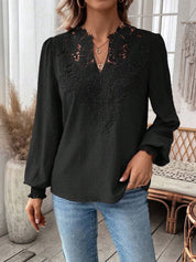 Swiss Dot Lace Detail Notched Long Sleeve Blouse