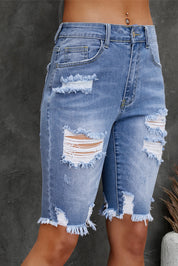 Distressed Frayed Hem Denim Bermuda Shorts