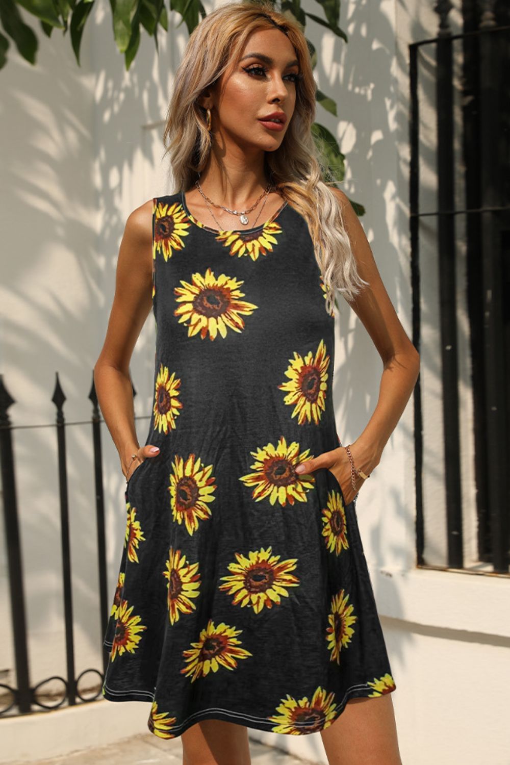 Shiny Printed Round Neck Sleeveless Dress with Pockets