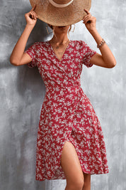 Floral Surplice Neck Flutter Sleeve Dress