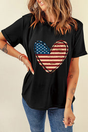 Stars and Stripes Heart Round Neck Short Sleeve T-Shirt