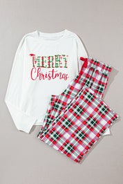 MERRY CHRISTMAS Round Neck Top and Plaid Pants Set