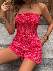 Perfee Smocked Printed Tube Romper with Pockets