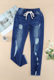 Drawstring Distressed Raw Hem Jeans with Pockets