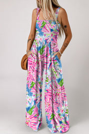 Floral Smocked Square Neck Jumpsuit with Pockets