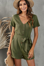 V-Neck Short Sleeve Tie Belt Romper with Pockets