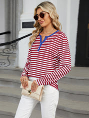 Striped Notched Long Sleeve T-Shirt