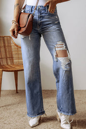 Distressed Straight Leg Jeans with Pockets