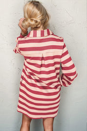 Double Take Full Size Striped Contrast Collared Neck Long Sleeve Dress