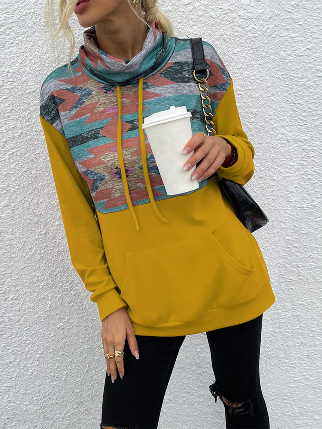 Shiny Geometric Drawstring Long-Sleeve Sweatshirt