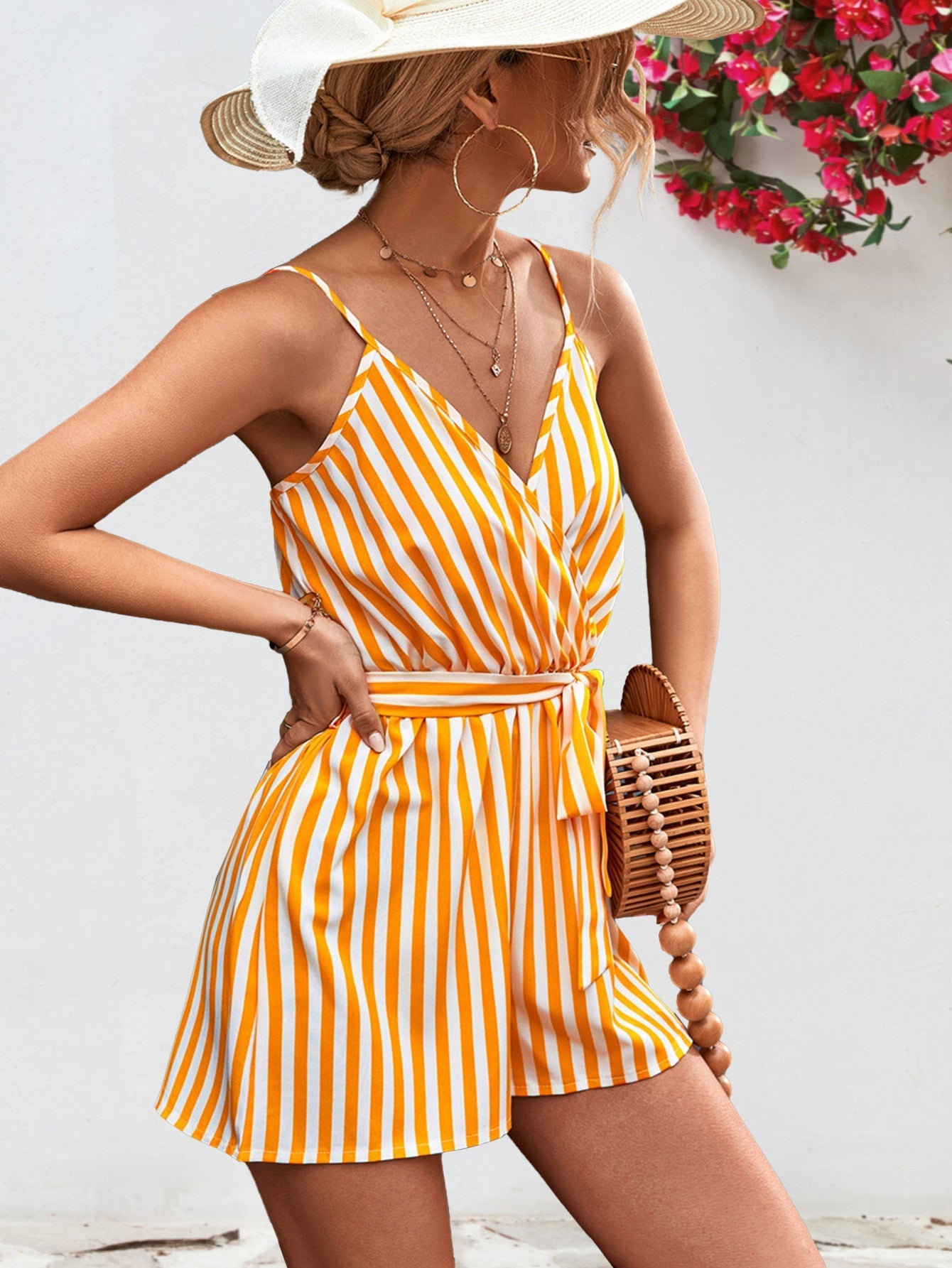 Striped Tie Waist Spaghetti Strap Romper