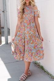 Floral Flounce Sleeve Round Neck Midi Dress