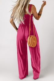 Smocked Square Neck Wide Leg Jumpsuit with Pockets