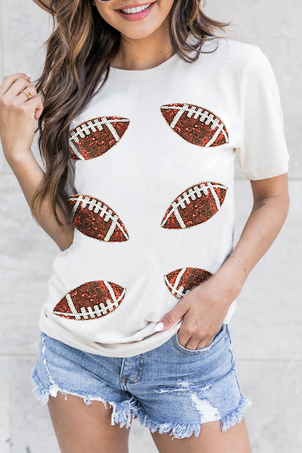 Sequin Football Round Neck Short Sleeve T-Shirt