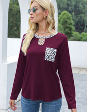 Cutout Leopard Round Neck Long Sleeve T-Shirt