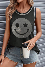 Rhinestone Smile Face Round Neck Tank