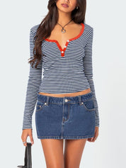 Buttoned Striped Long Sleeve T-Shirt