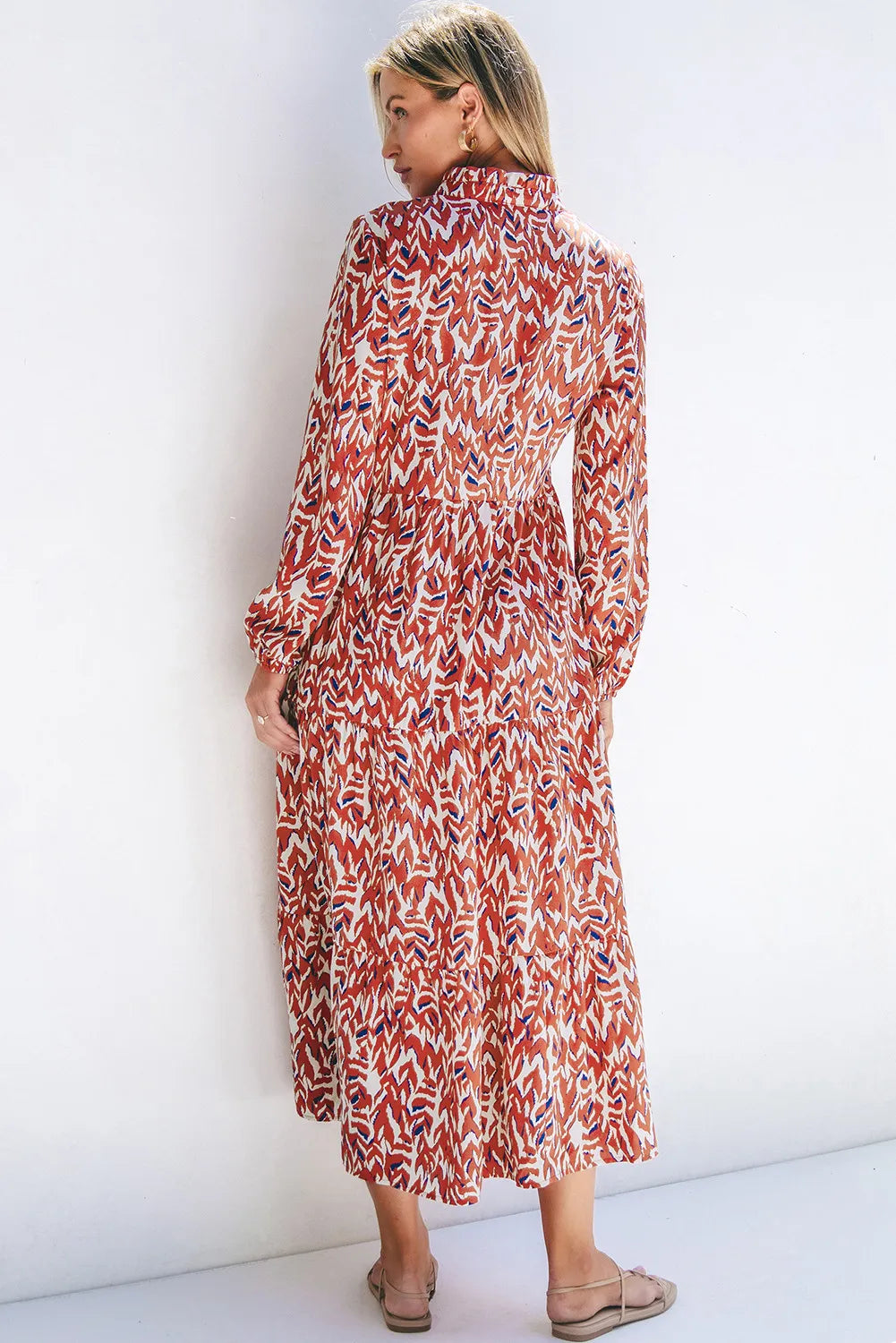 Printed Notched Long Sleeve Dress