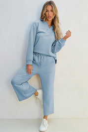 Textured Collared Neck Top and Wide Leg Pants Set