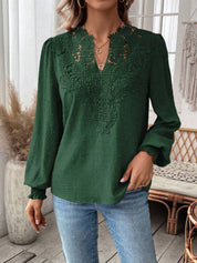 Swiss Dot Lace Detail Notched Long Sleeve Blouse