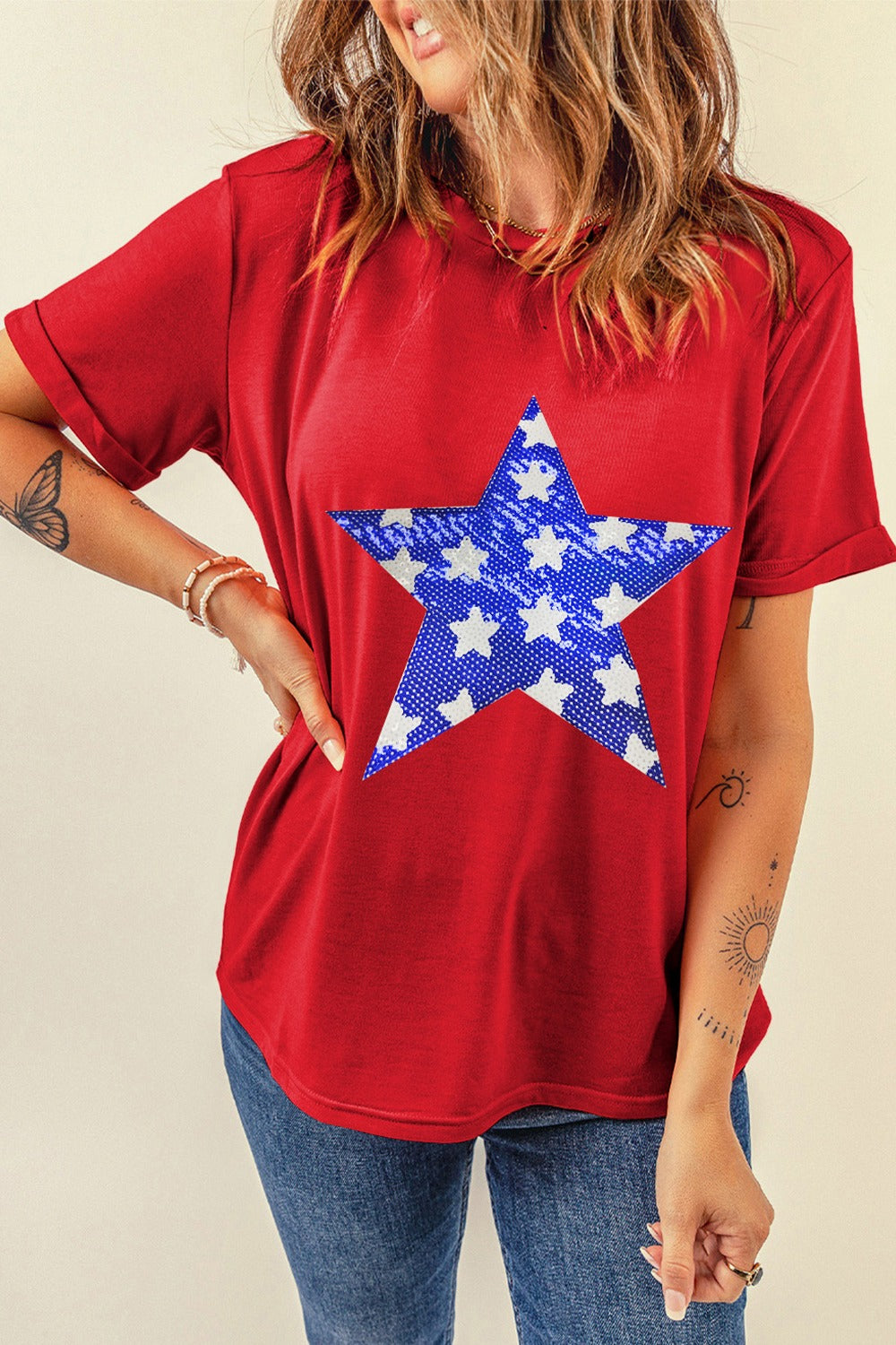 Sequin Star Round Neck Short Sleeve T-Shirt