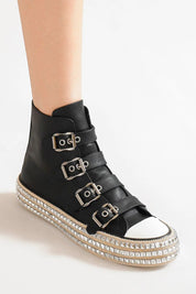 Beast Fashion Multi-Buckle Straps Studded Platform Sneakers