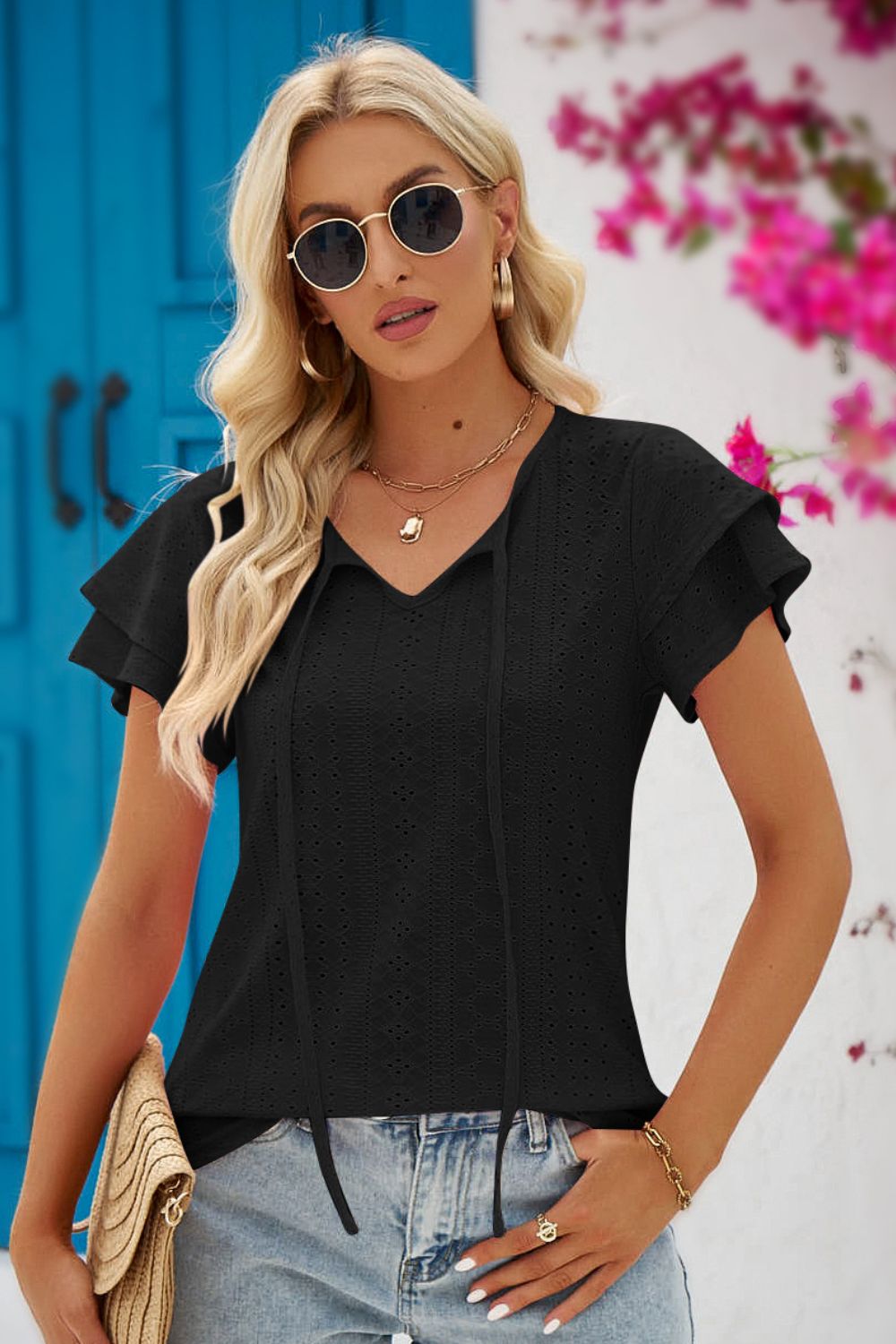 Mandy Eyelet Tie-Neck Flutter Sleeve Blouse