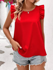 Crisscross Back Ruffled Round Neck Cap Sleeve Blouse