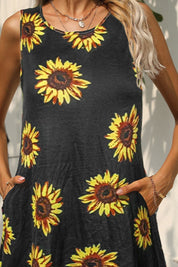 Shiny Printed Round Neck Sleeveless Dress with Pockets