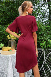 Shiny Flare Sleeve Surplice Tulip Hem Dress