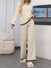 Contrast Trim Round Neck Top and Pants Sweater Set