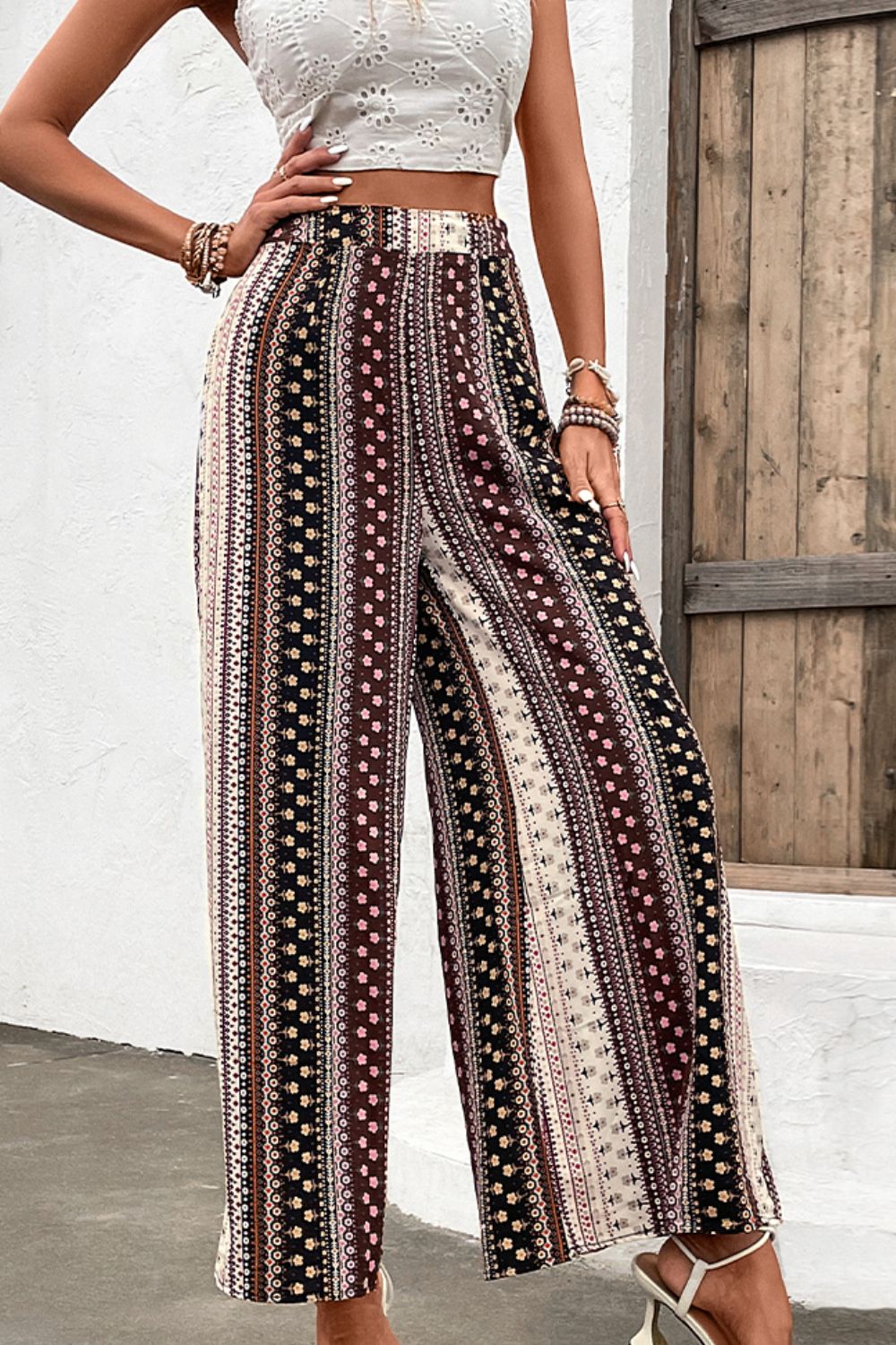 Shiny Floral High Waist Wide Leg Pants