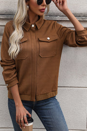 Perfee Textured Zip Up Collared Neck Jacket