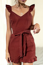 Shiny Tie Belt V-Neck Ruffled Romper