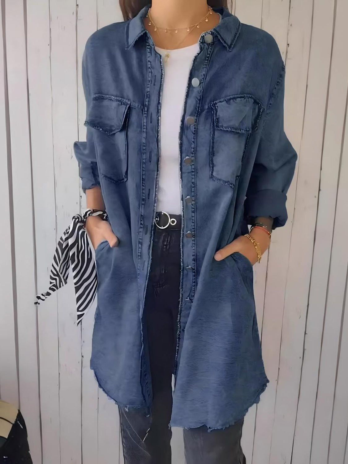 Full Size Raw Hem Button Up Long Sleeve Denim Top Plus Size