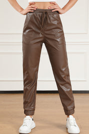 Drawstring PU Leather Pants