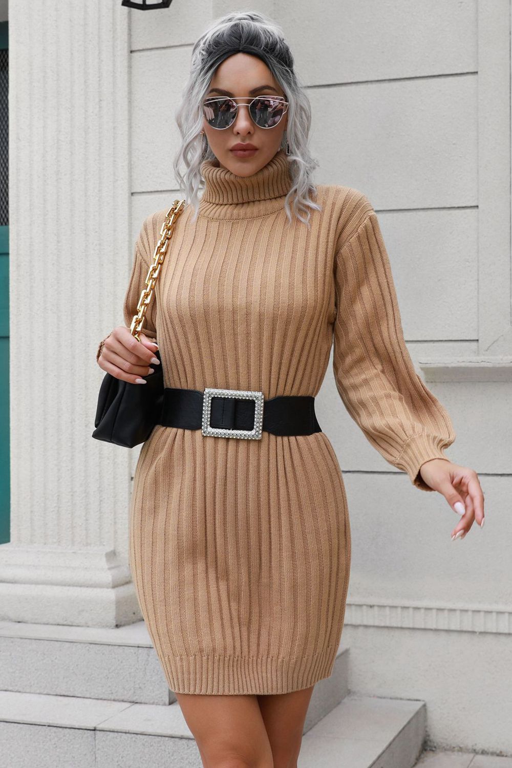 Ribbed Turtle Neck Long Sleeve Mini Sweater Dress