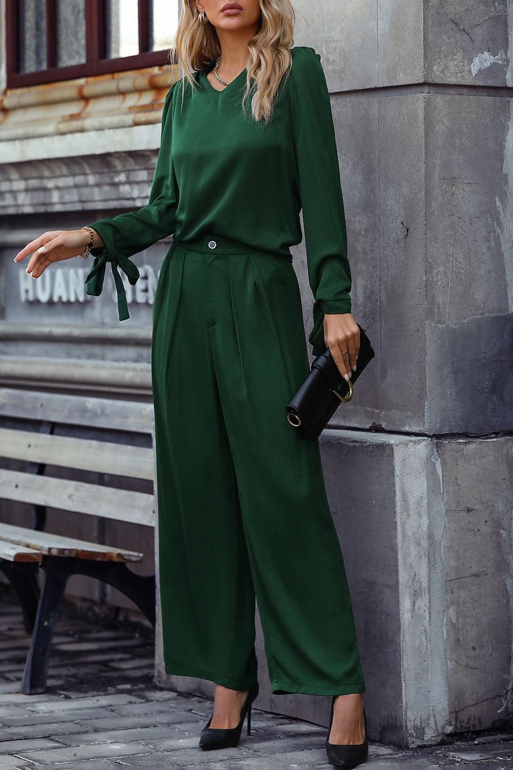 Honey V-Neck Long Sleeve Top and Wide Leg Pants Set