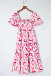 Printed Square Neck Tied Smocked Dress