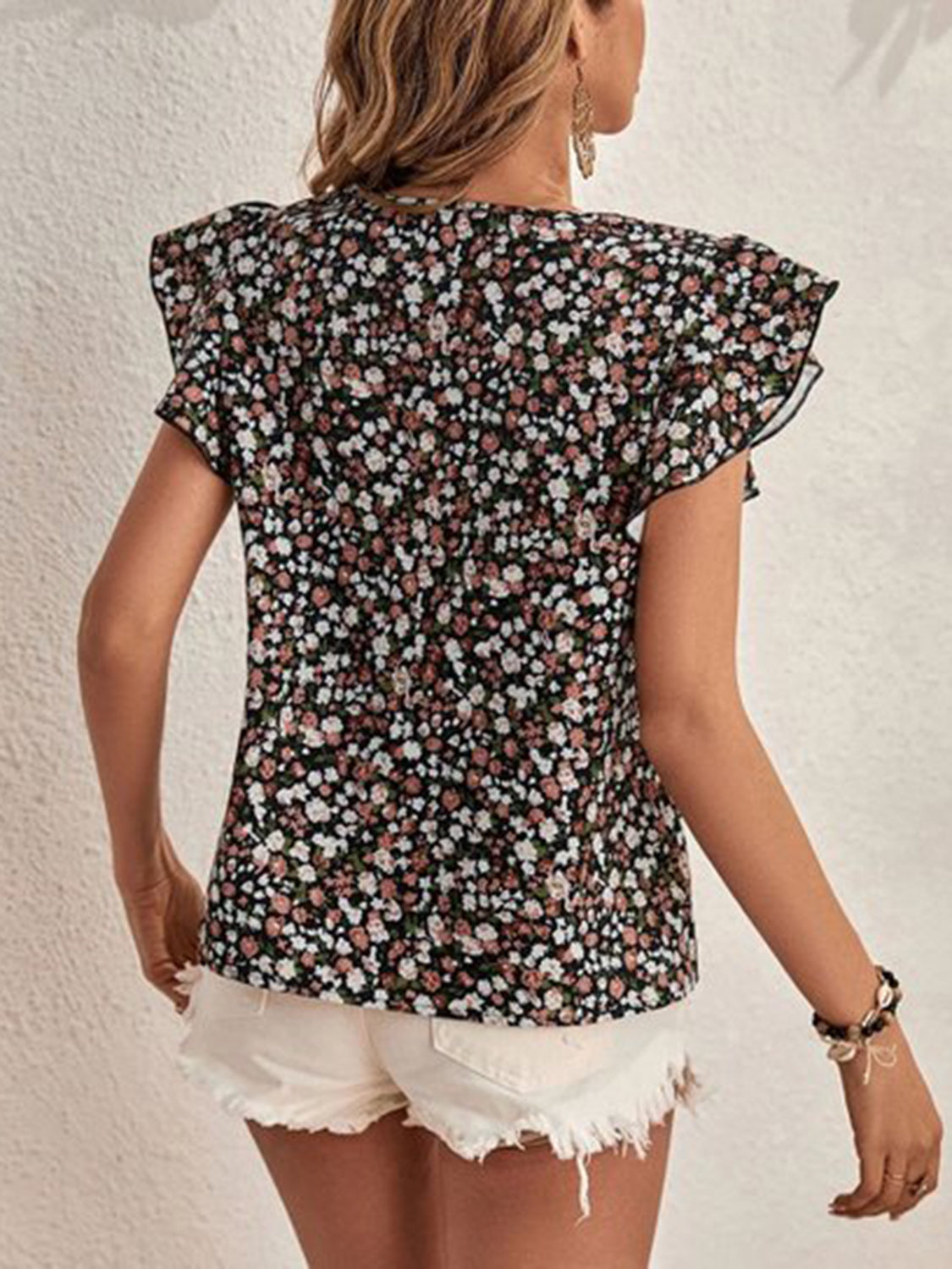 Ditsy Floral Round Neck Cap Sleeve Top