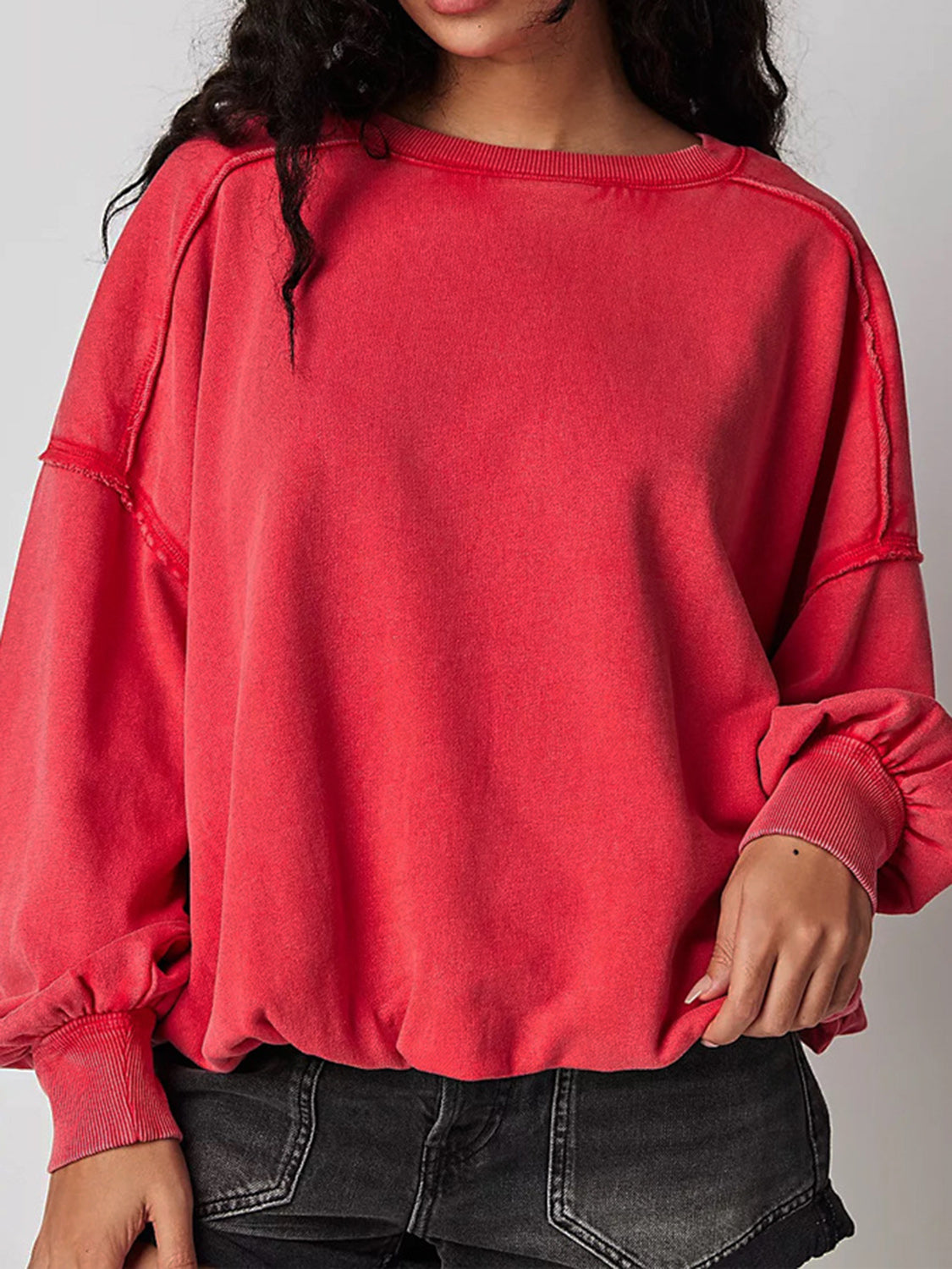 Exposed Seam Round Neck Long Sleeve Sweatshirt