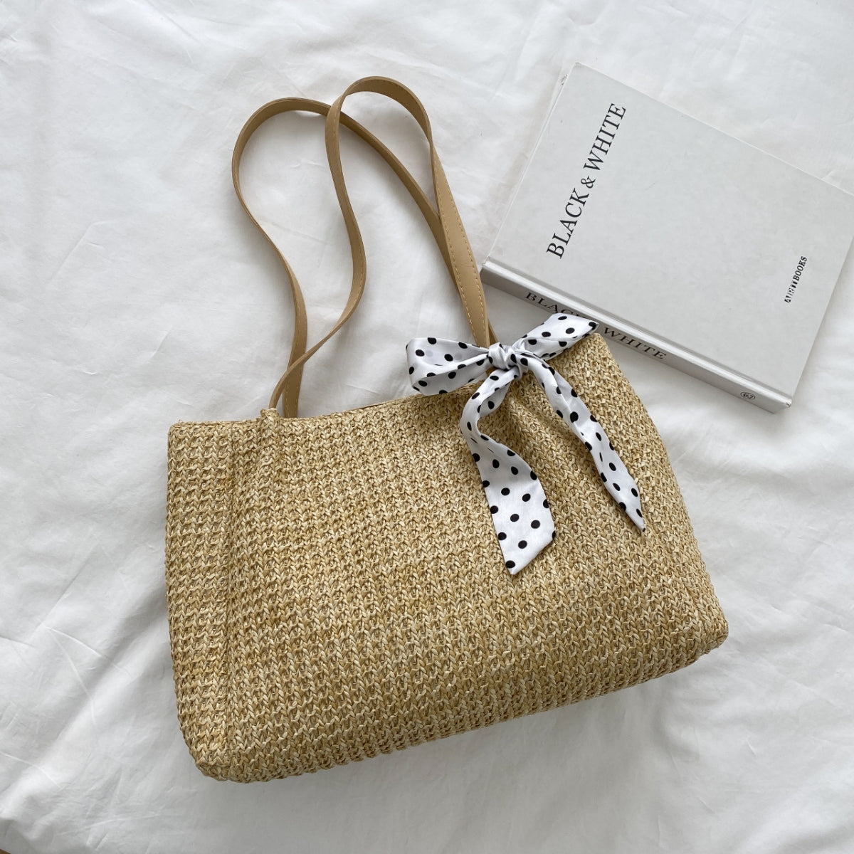 Straw Woven Leather Strap Handbag