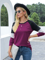 Contrast Striped Round Neck Long Sleeve T-Shirt