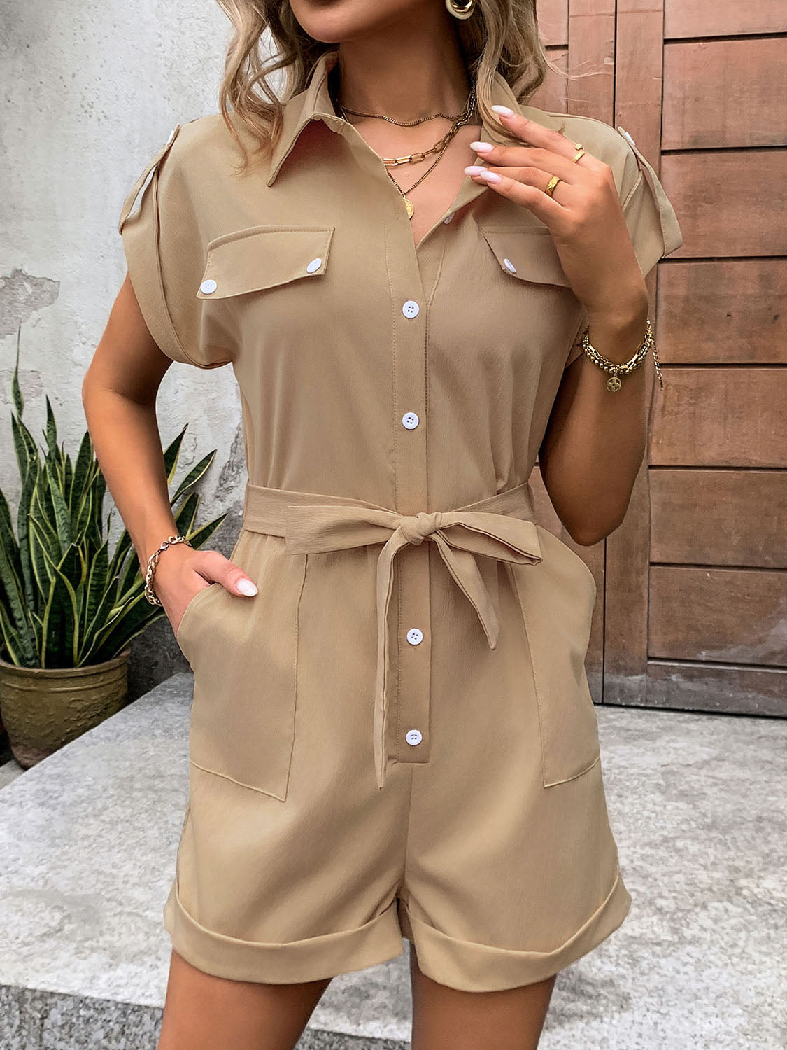 Perfee Collared Neck Tie Waist Romper with Pockets