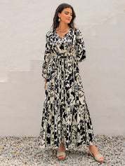 Smocked Printed Tie Neck Long Sleeve Dress