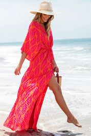 Drawstring Printed V-Neck Maxi Dress